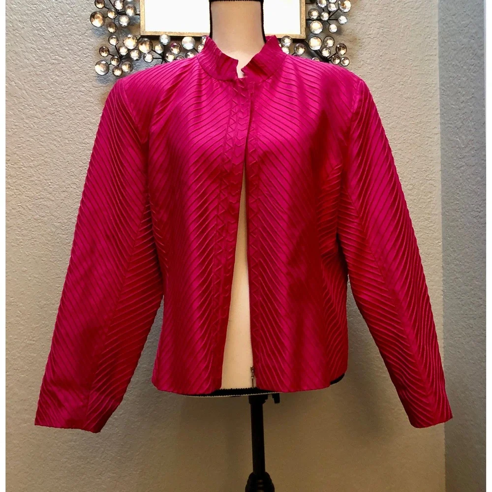 Silk Club Pink Silk Jacket Women's‎ Size Large Ribbed Striped Zipper Vintage